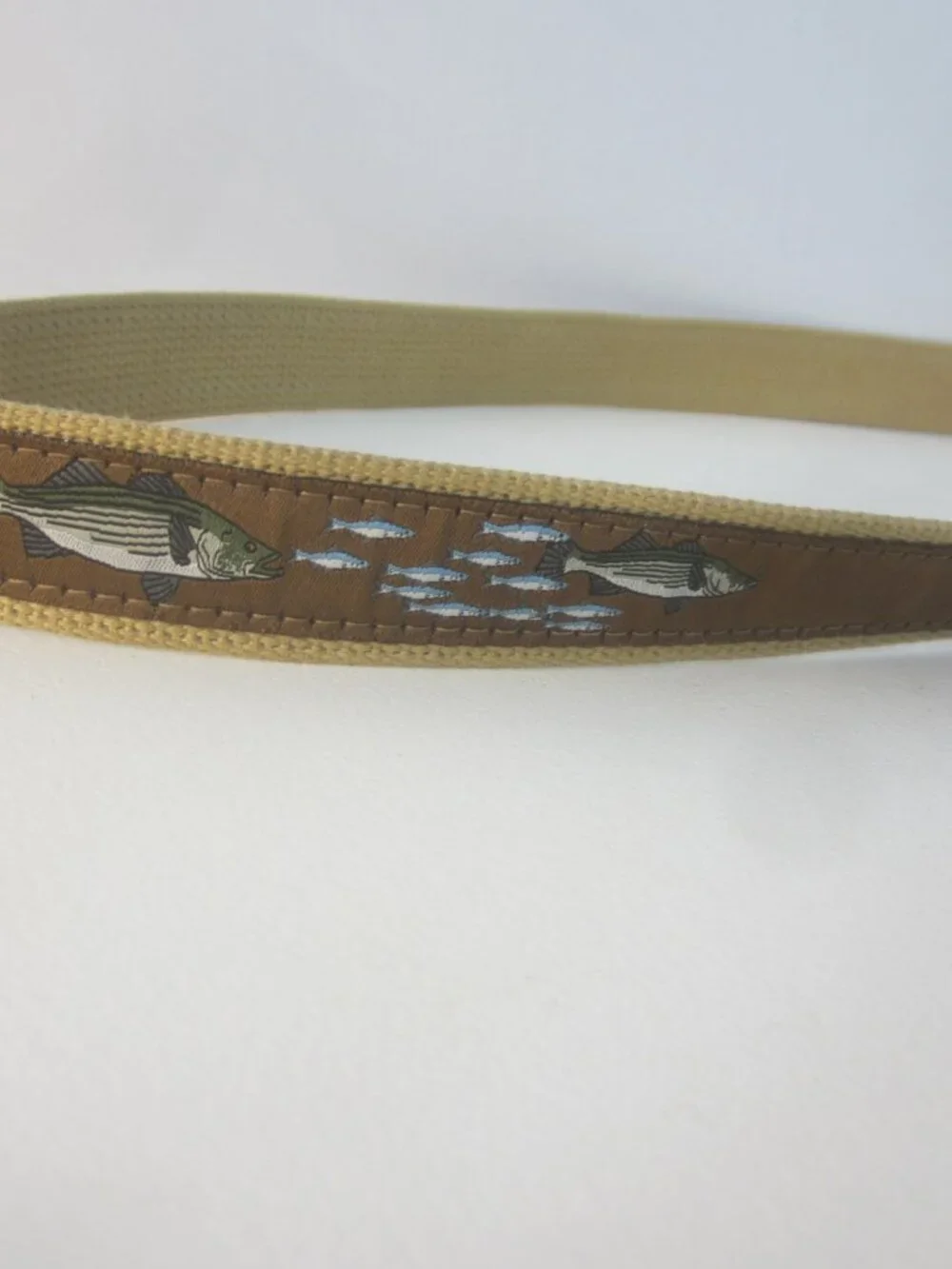 Web Canvas Brown Leather Fishing Belt Men 42 Brass Buckle Fish Theme 40 - 44